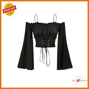 Off Shoulder Lace Up Ruched Crop Top Long Sleeve Bell Y2K Renaissance